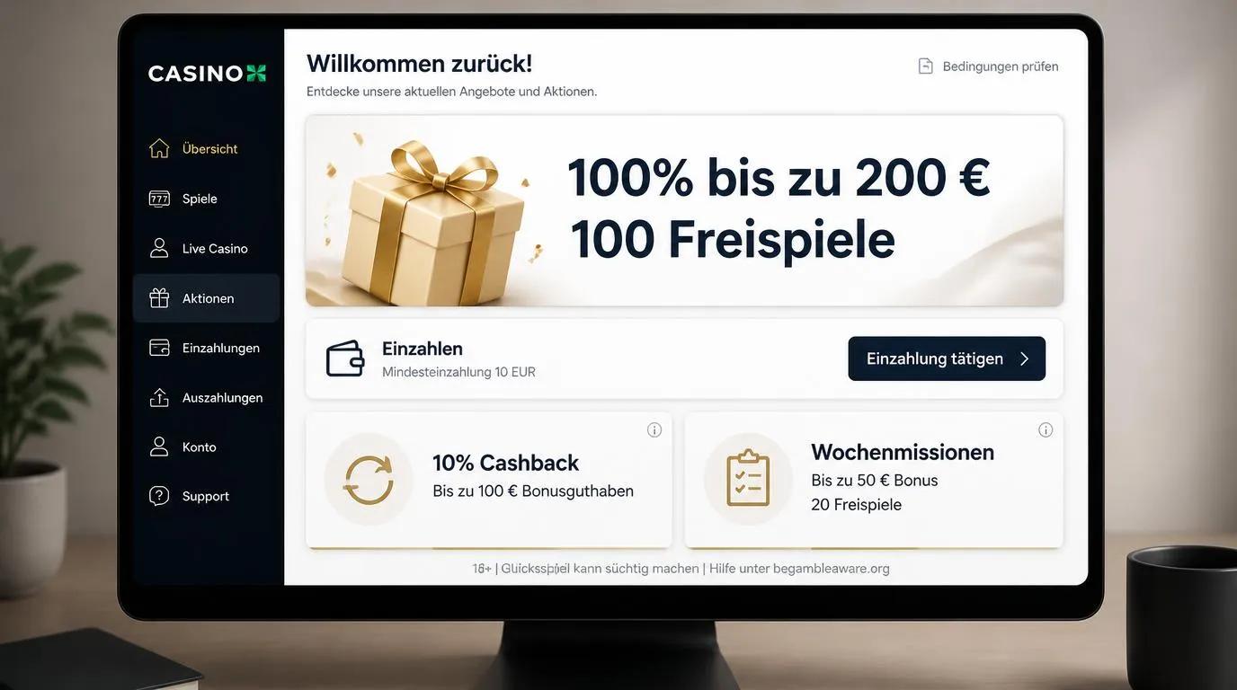 Bonusübersicht mit 100% bis zu 200 €, 100 Freispielen, 10 EUR Mindesteinzahlung und wöchentlichen Angeboten