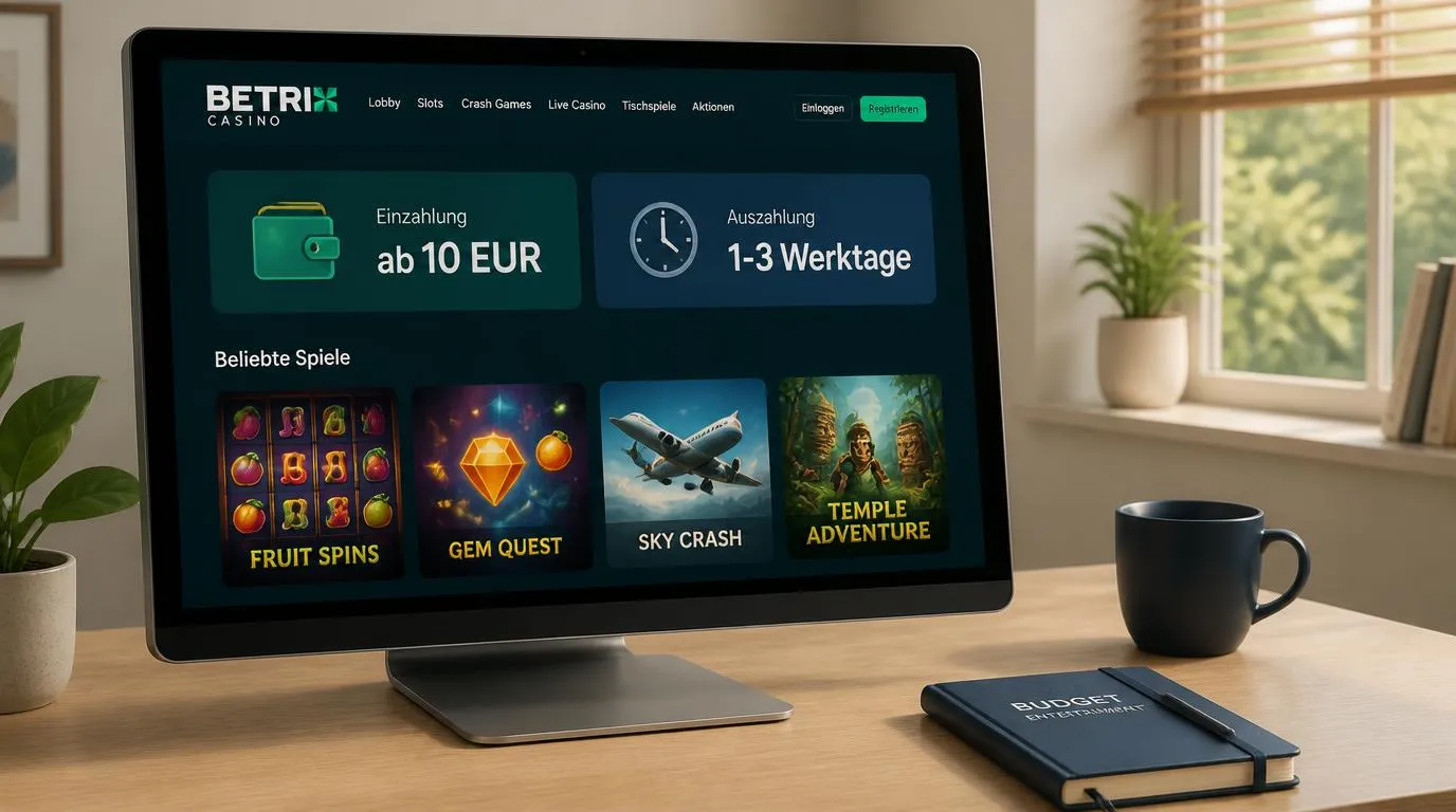 Casino-Oberfläche mit Einzahlung ab 10 EUR, Auszahlung in 1-3 Werktagen und abwechslungsreichen Spielkacheln