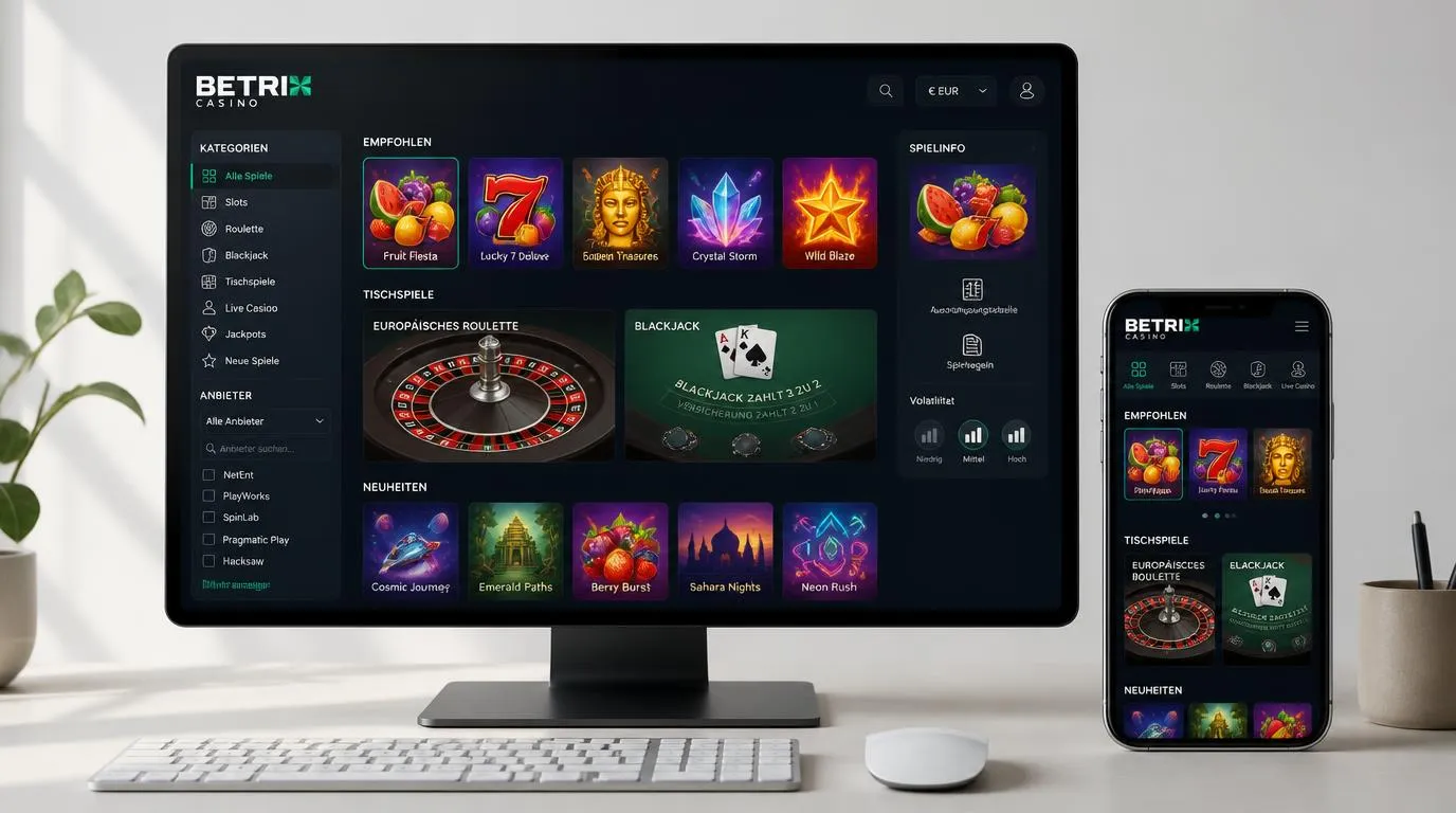 Casino-Lobby mit Slot-Kacheln, Roulette und Blackjack sowie Filtern für Spielarten und Softwareanbieter