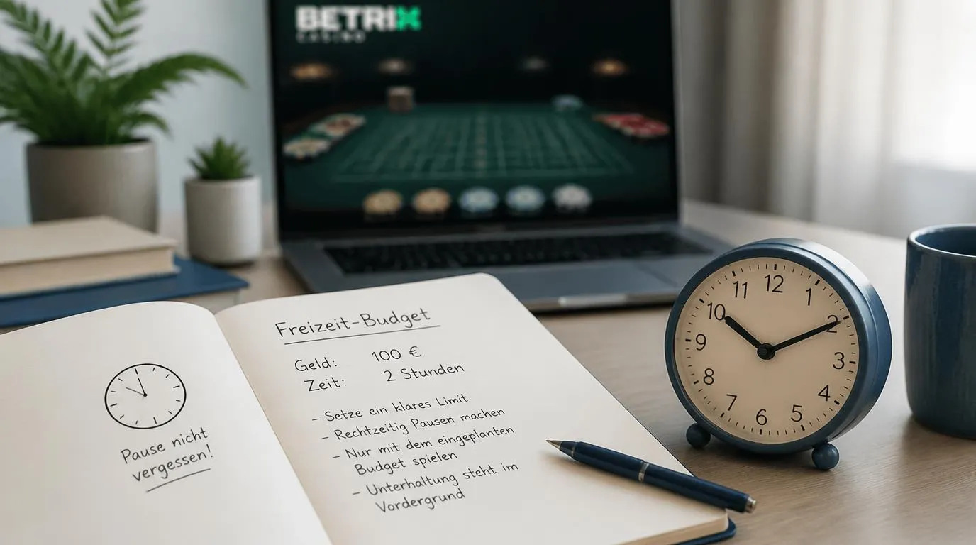 Notizbuch mit Freizeitbudget und Uhr neben einem Laptop mit neutraler Casino-Oberfläche